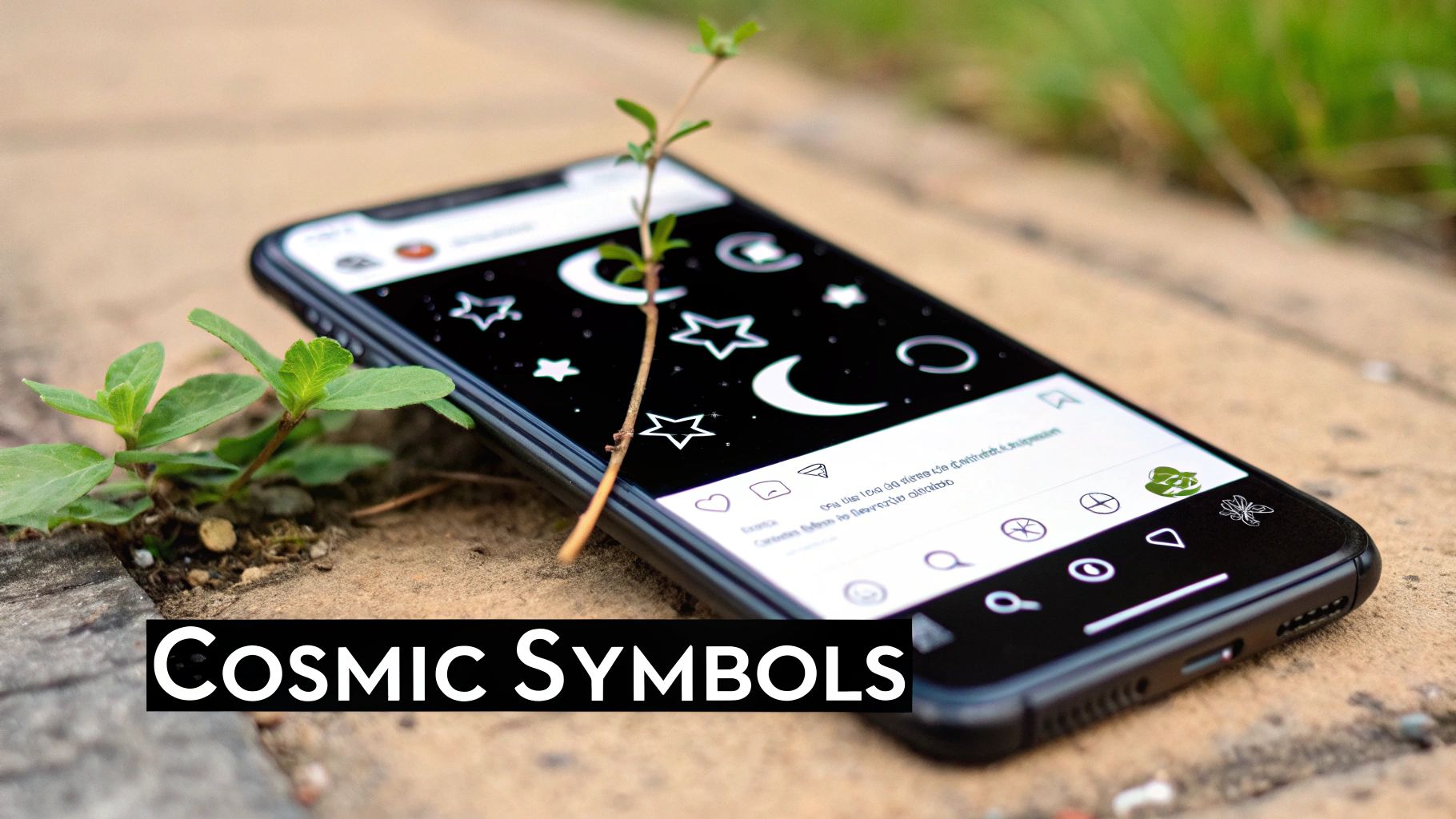 Smartphone on pavement showing cosmic symbols on screen, accompanied by a small green plant.
