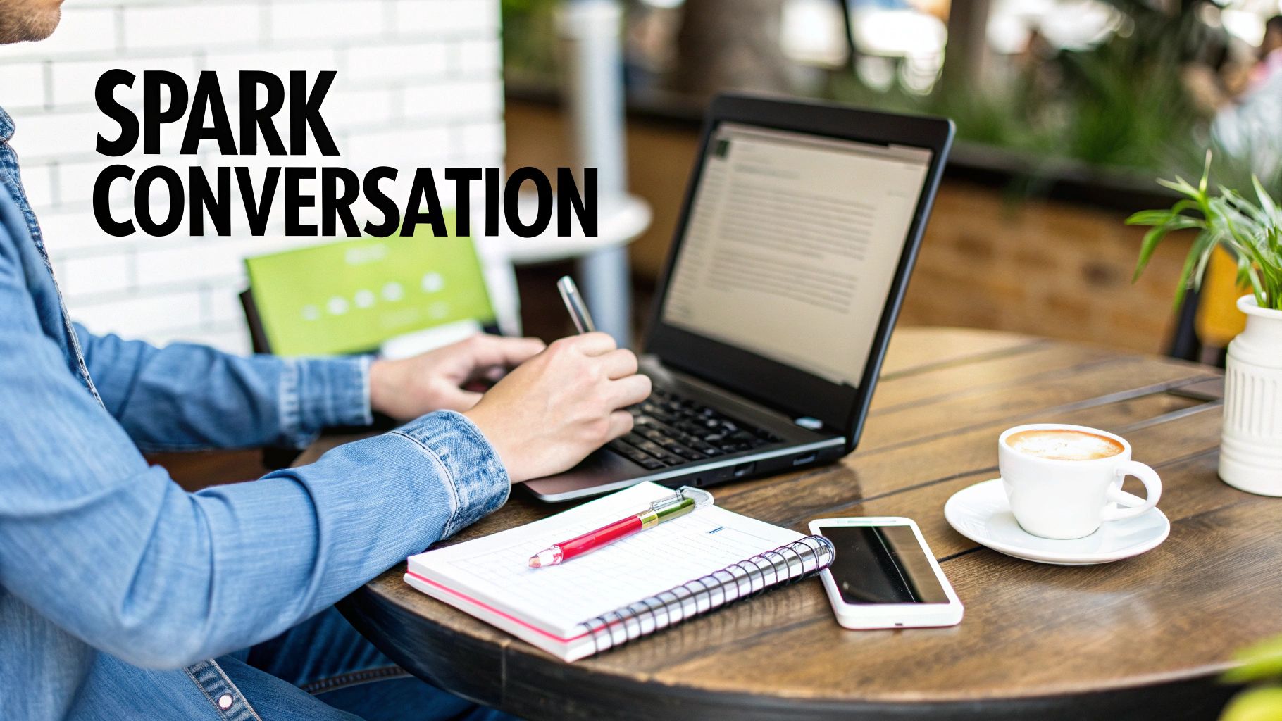 A person working on a laptop outdoors with coffee, a notebook, and phone, with "SPARK CONVERSATION" text.