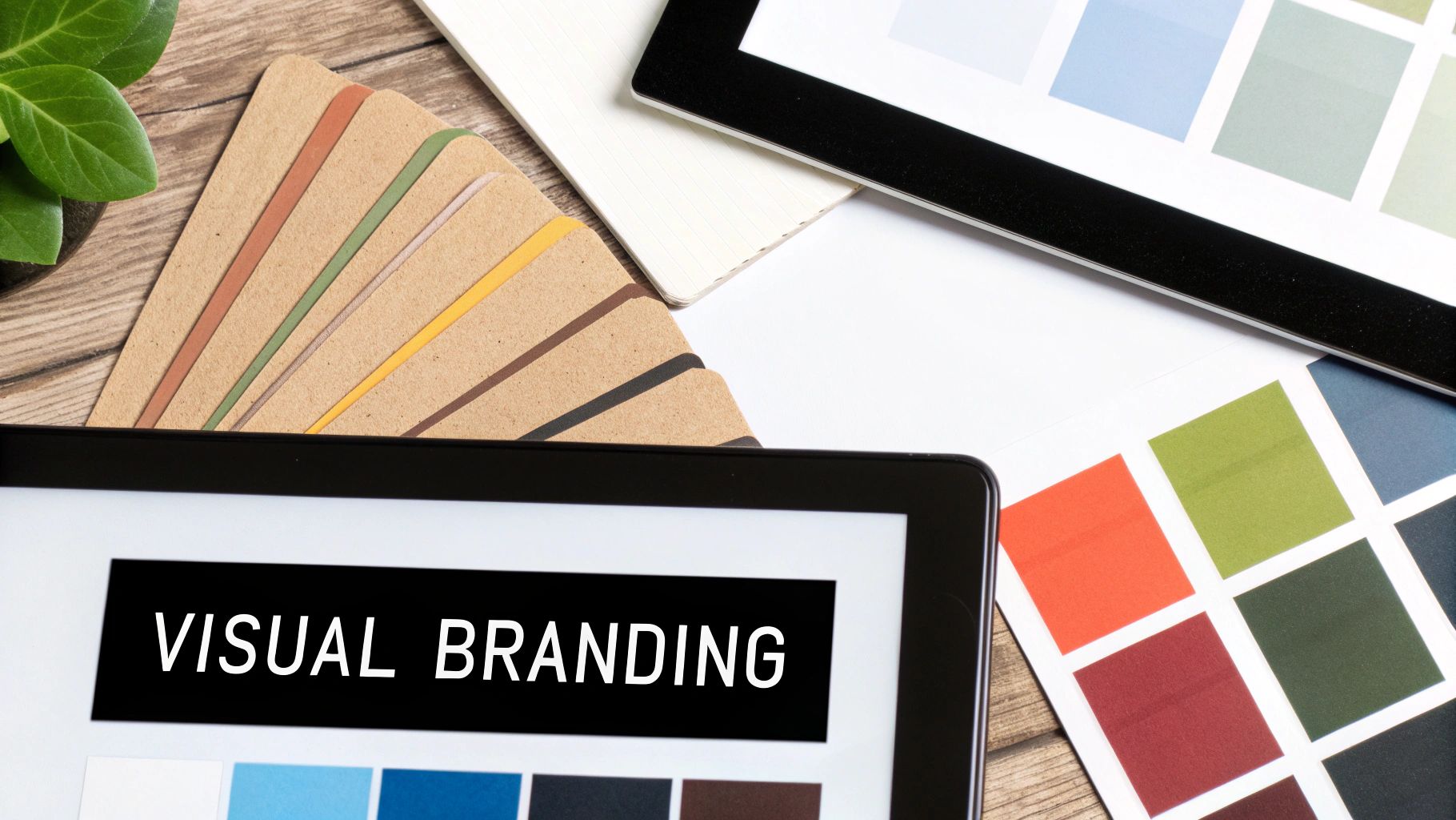 A tablet displays 'VISUAL BRANDING' text, surrounded by color swatches and design tools.
