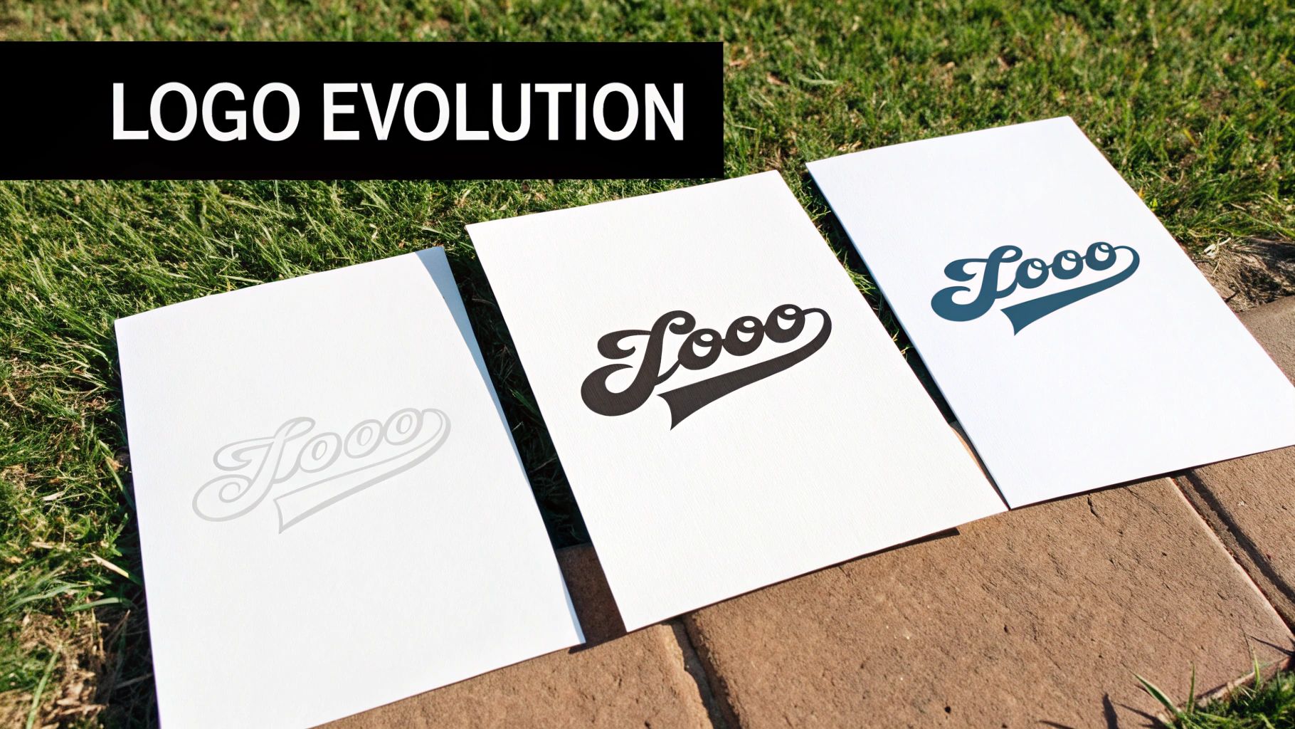 Three cards displaying the Looo logo's evolution in light grey, dark grey, and dark teal on grass.