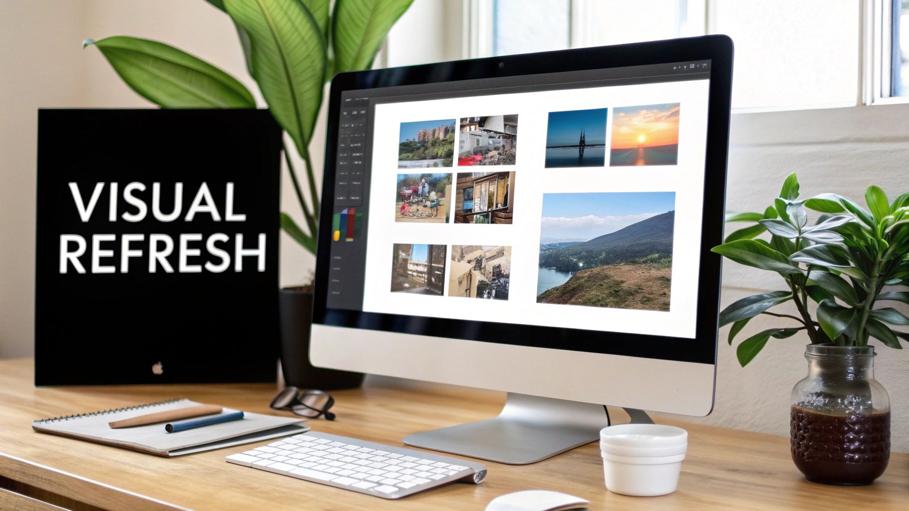 A clean desk with an iMac displaying images, a 'VISUAL REFRESH' sign, and office plants.