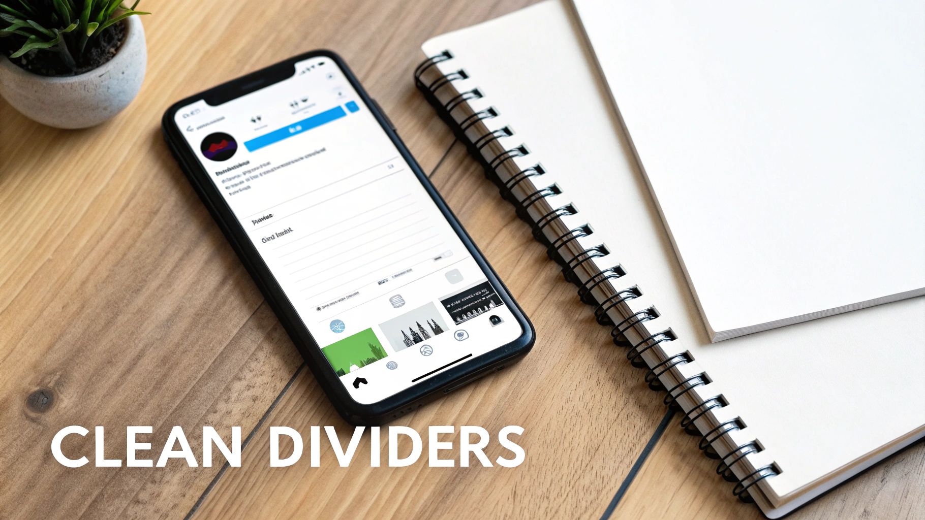 Close-up of an iPhone displaying an Instagram profile, next to notebooks and a plant on a wooden desk.