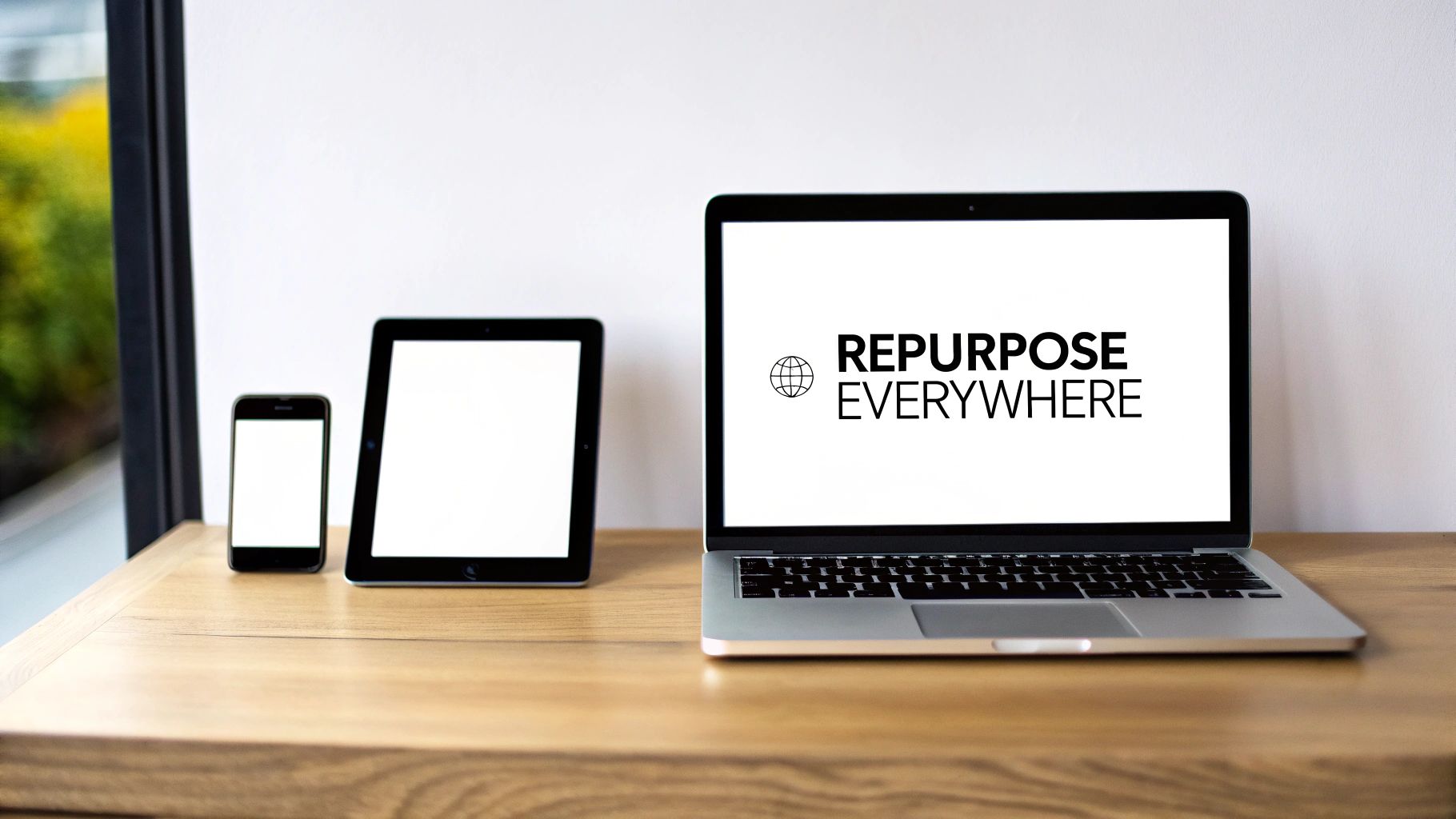 A laptop, tablet, and smartphone on a wooden desk, with the laptop screen displaying 'REPURPOSE EVERYWHERE'.