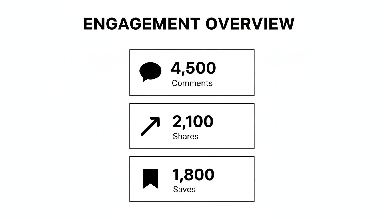 An engagement overview showing key social media metrics: 4,500 comments, 2,100 shares, and 1,800 saves.