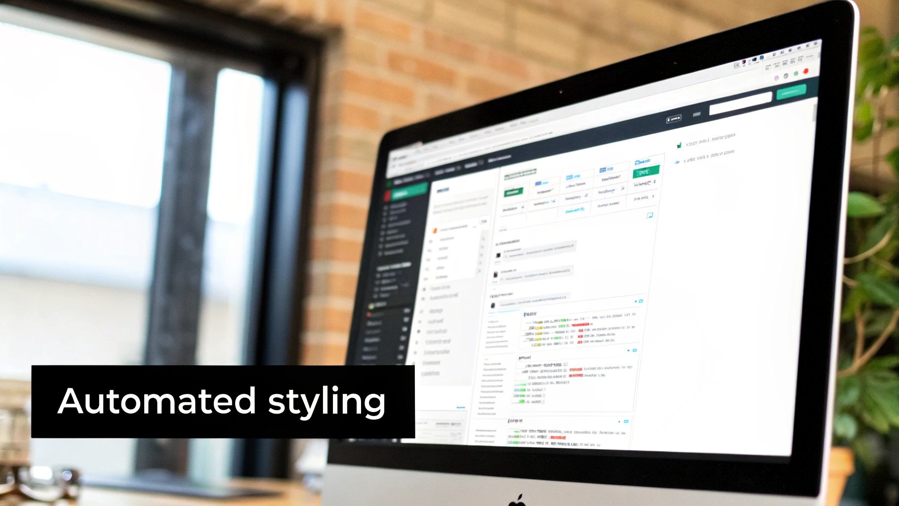 A close-up of an Apple iMac screen displaying a software interface with 'Automated styling' text overlay.