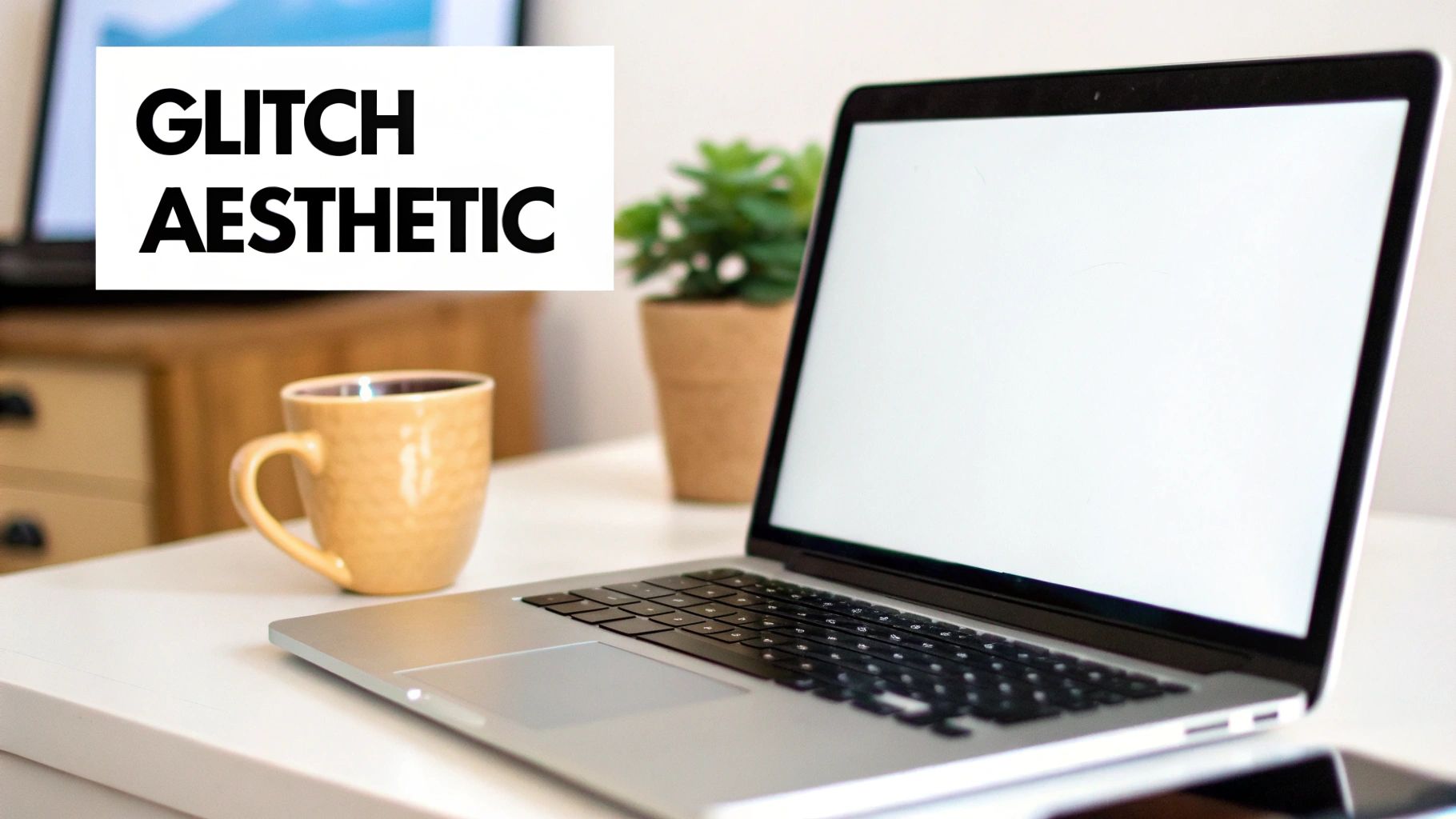A laptop with a blank white screen, a coffee mug, and a plant on a white desk with 'GLITCH AESTHETIC' text overlay.