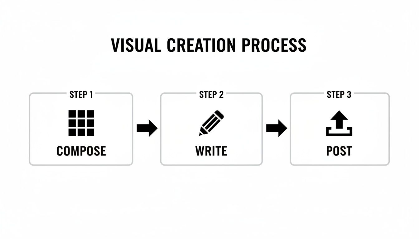 A three-step visual creation process infographic showing Compose, Write, and Post actions with icons.
