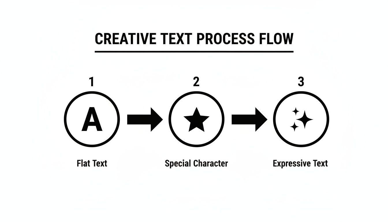 Flowchart illustrating the creative text process from flat text to special characters and expressive text.