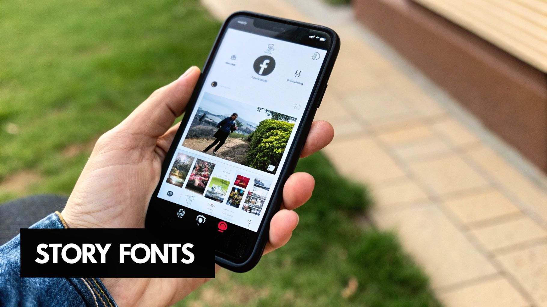 A hand holds a black smartphone displaying a social media app with various photo thumbnails.