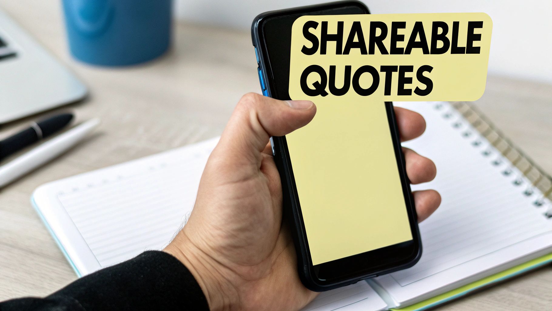 A hand holds a smartphone with a yellow note displaying the text 'SHAREABLE QUOTES'.