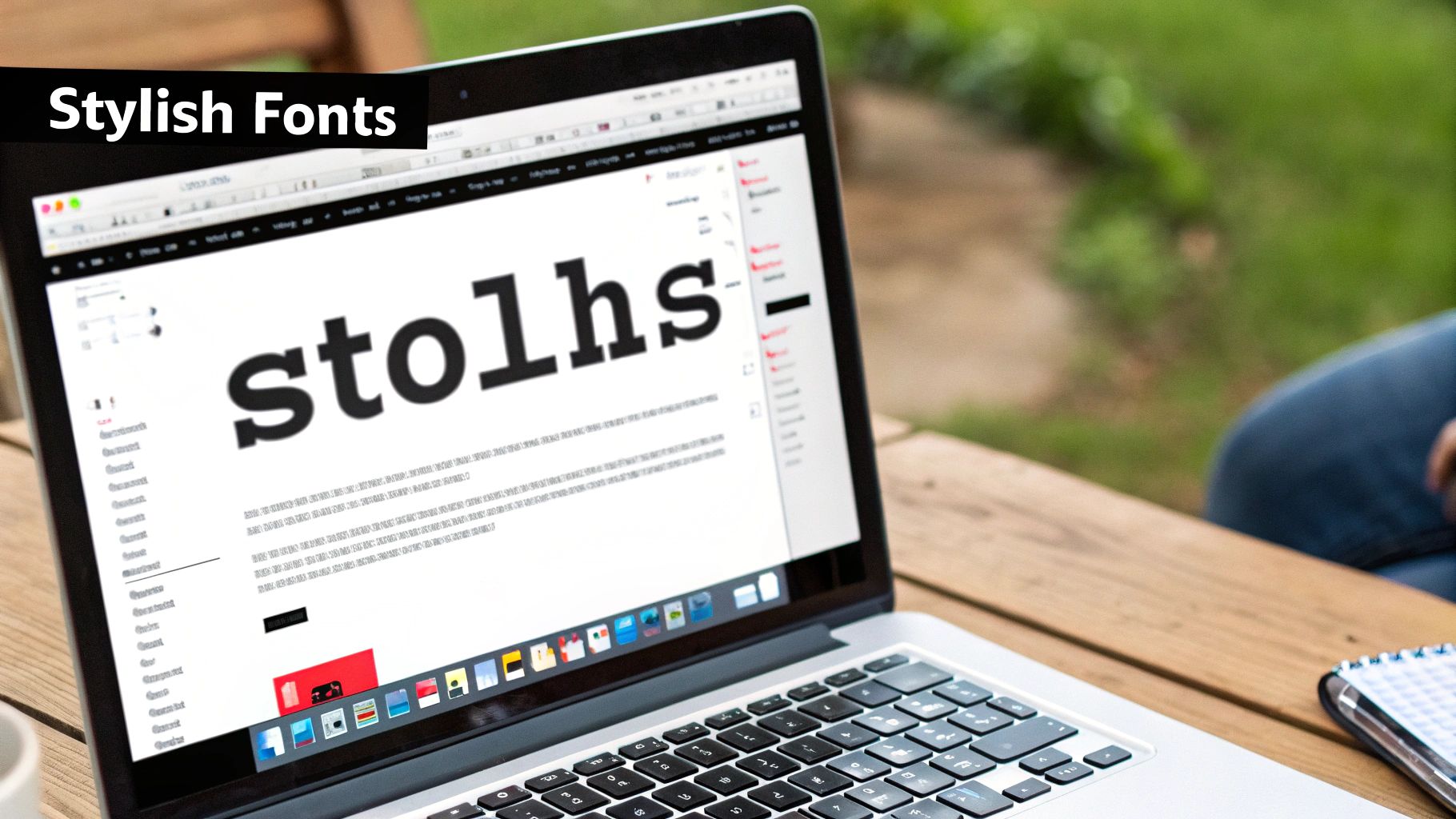 A laptop screen displaying a design program with the word 'stolhs' in a bold font, alongside a 'Stylish Fonts' banner.
