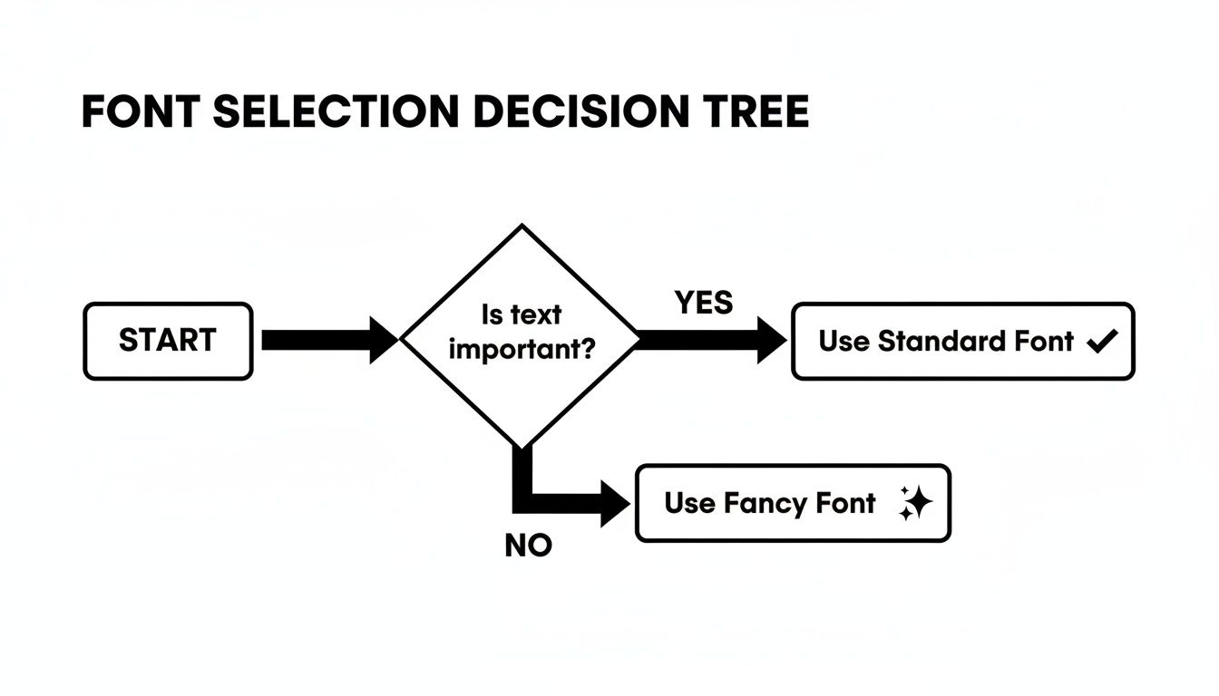 A font selection decision tree flowchart. Start, then 'Is text important?'. 'Yes' leads to 'Use Standard Font', 'No' leads to 'Use Fancy Font'.
