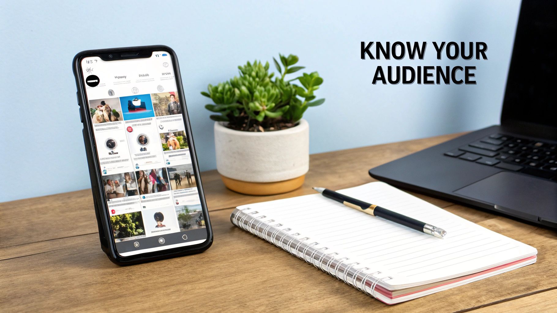 A desk setup with a smartphone displaying a social media feed, a laptop, and 'KNOW YOUR AUDIENCE' message.