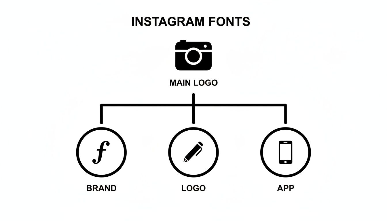 Diagram explaining Instagram's visual elements, featuring a main camera logo, brand 'f', logo pen, and app phone.