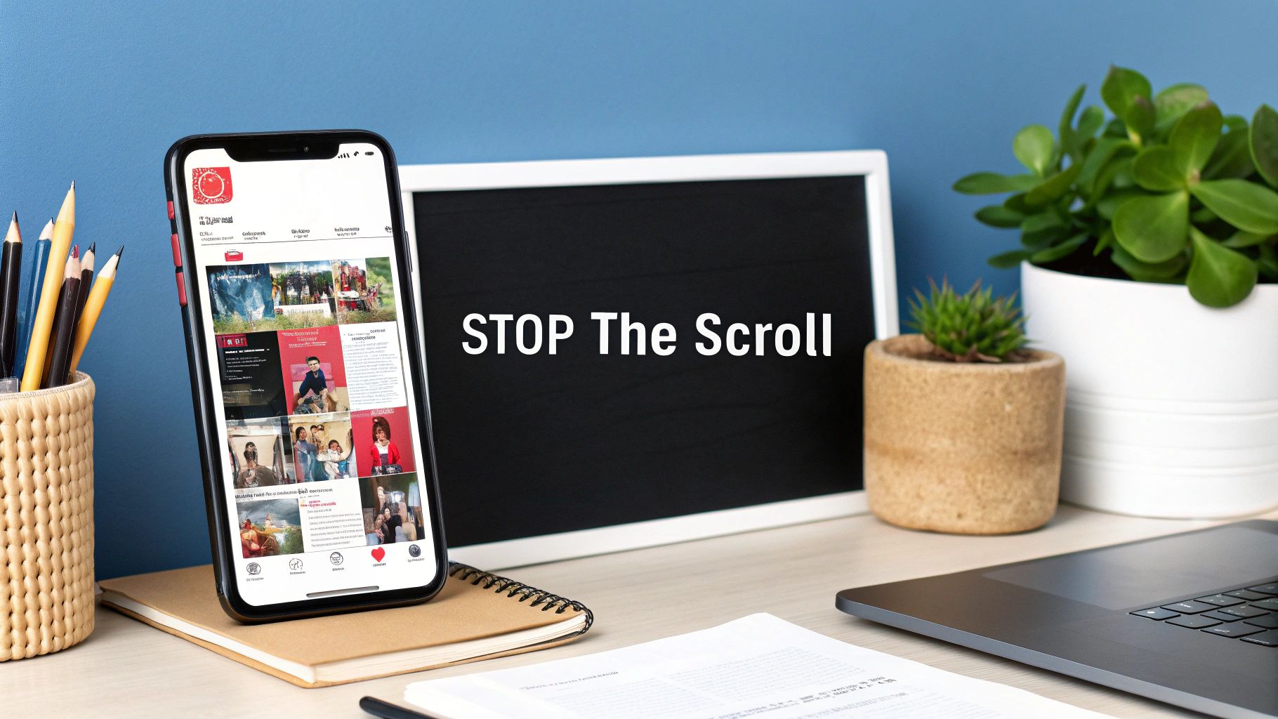 A workspace features a smartphone displaying social media content next to a blackboard with 'STOP The Scroll' message.
