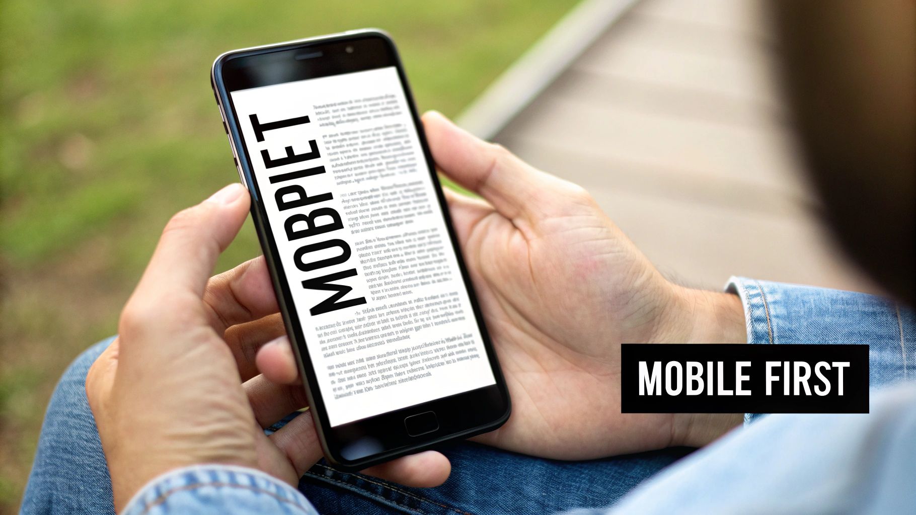 Close-up of a person holding a smartphone outdoors, displaying 'MOBPIET' and 'MOBILE FIRST' text.