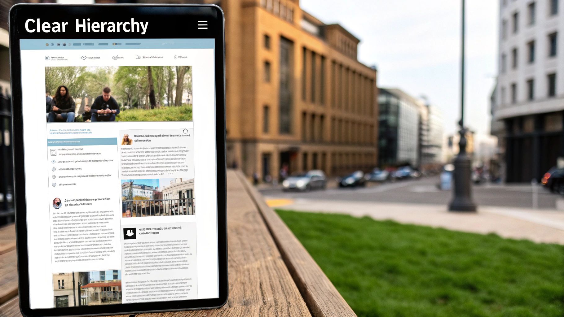 Tablet displaying a website with articles and images, resting on a wooden bench in an urban setting.