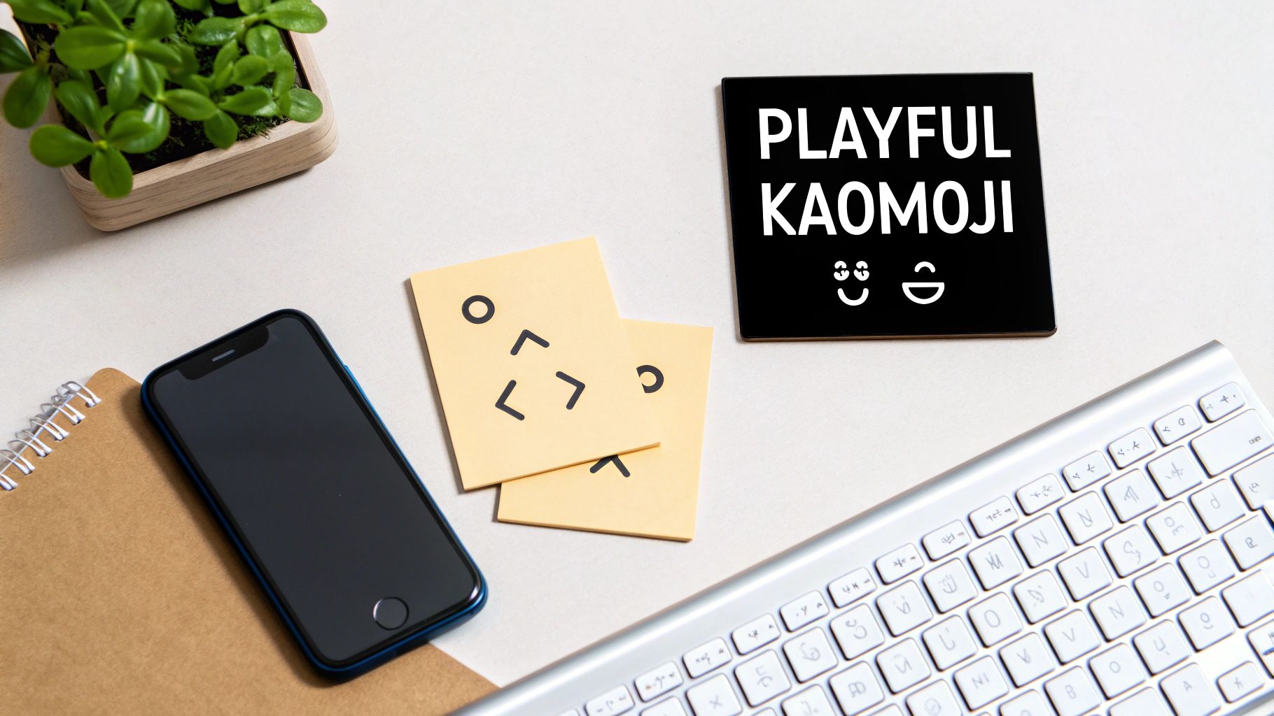 Overhead view of a modern desk with a plant, smartphone, keyboard, and notes featuring playful kaomoji.