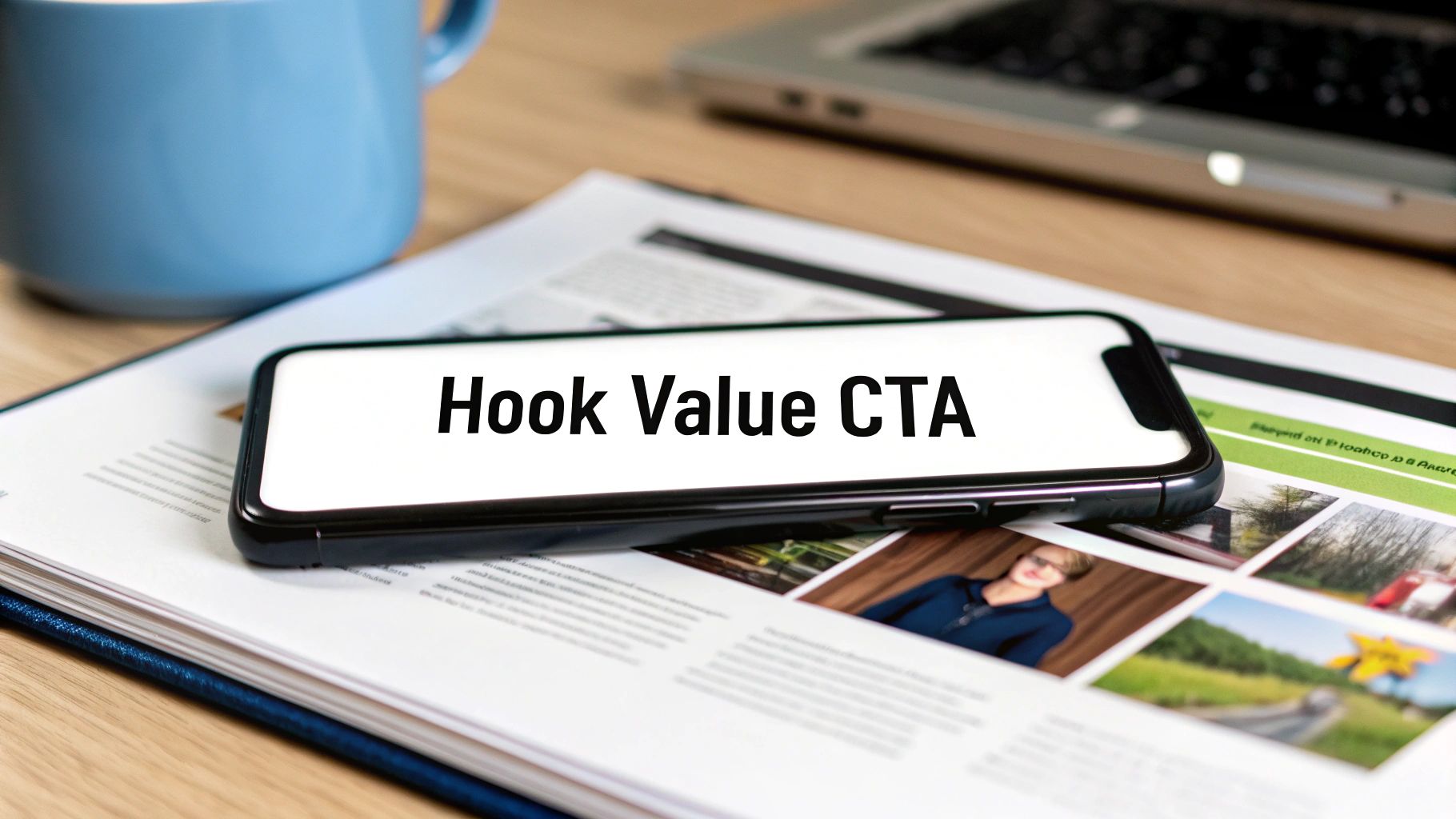 A smartphone screen displays 'Hook Value CTA' text, resting on an open magazine with a blue mug and laptop in the background.
