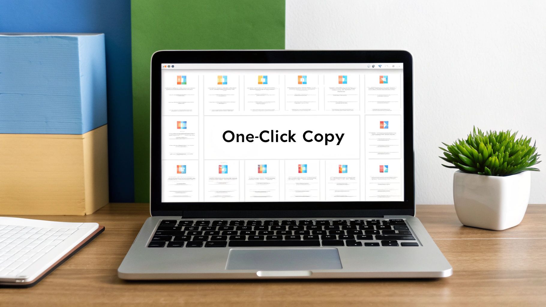 A laptop displaying a 'One-Click Copy' interface with multiple document previews, on a wooden desk.