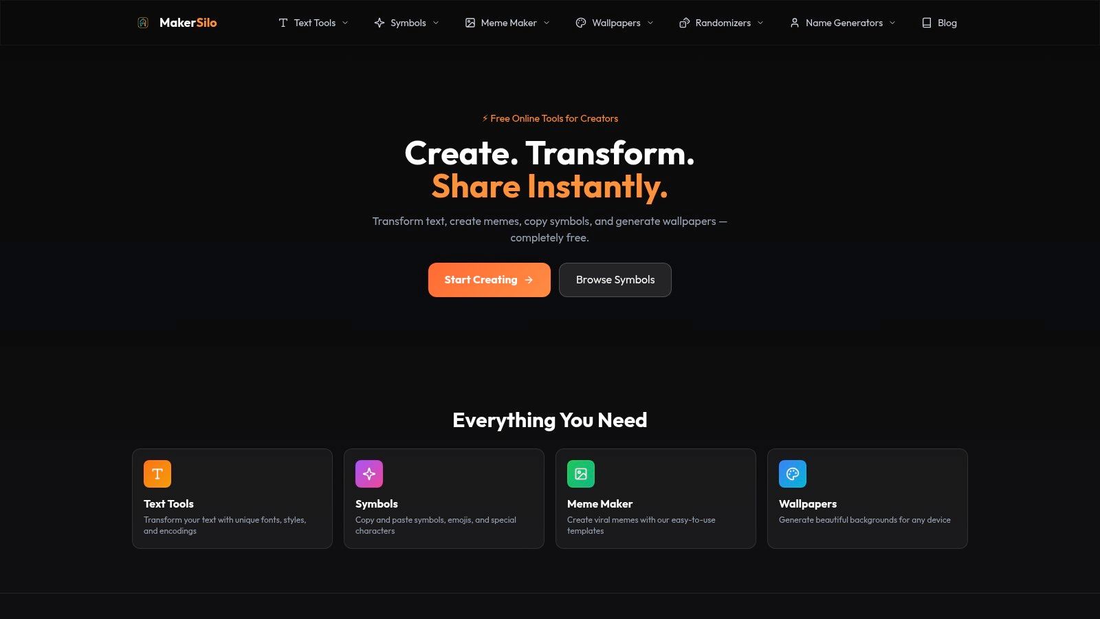 MakerSilo homepage showcasing its various content creation tools