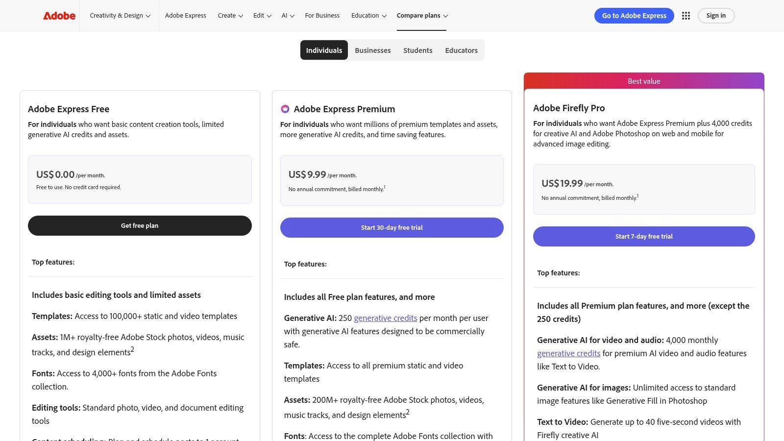 Adobe Express pricing plans