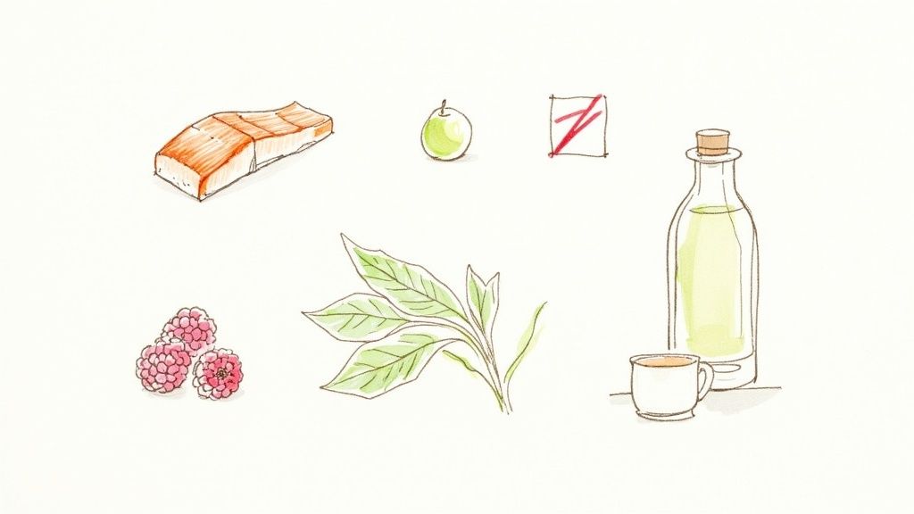 Watercolor illustration of anti-inflammatory foods including salmon, berries, green tea, apple, and leafy herbs