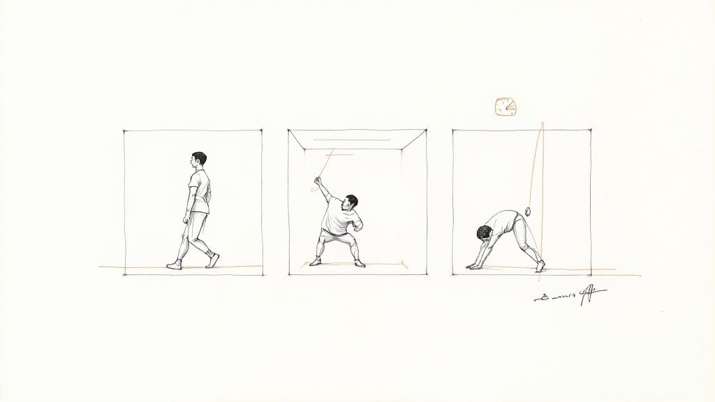 A man in athletic wear jogging on a path through a park in the morning.