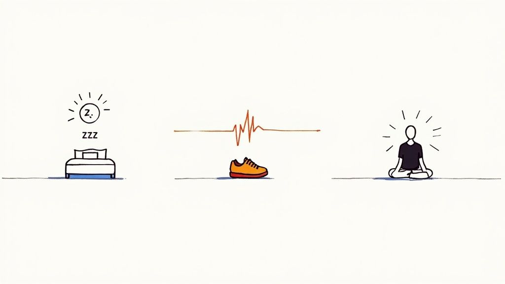 Simple illustrations depicting healthy lifestyle components: sleep, physical activity, and meditation for well-being.