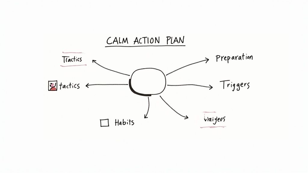 Mind map diagram showing CALM action plan with tactics, preparation, triggers, habits and strategies branches