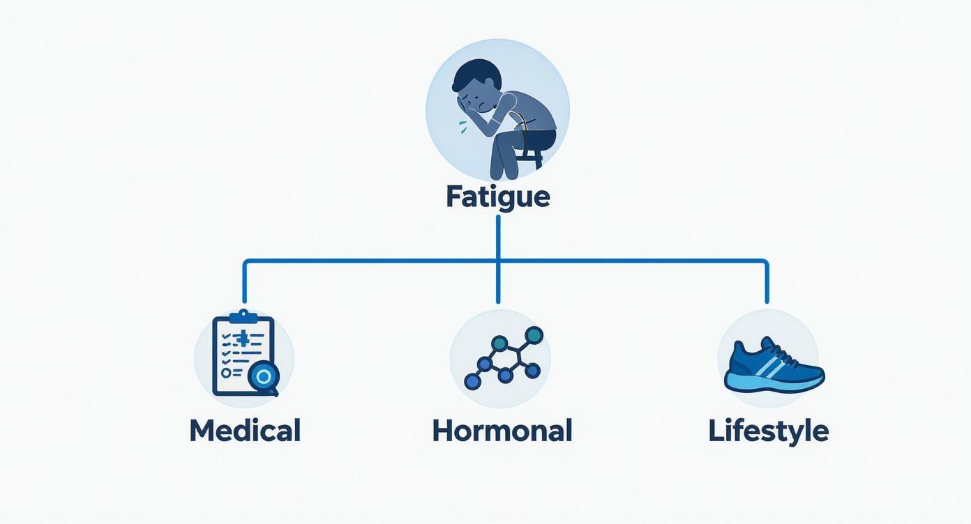 A diagram illustrating the causes of fatigue, including medical, hormonal, and lifestyle factors.