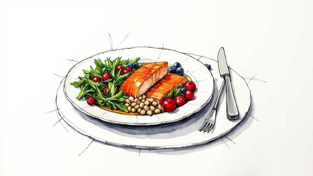 A close-up shot of a healthy meal with fresh vegetables and fish, representing a libido-boosting diet.