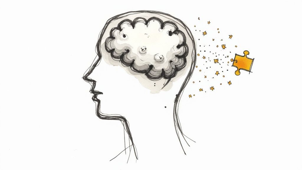 Illustration of human head profile with brain depicted as puzzle pieces dispersing outward