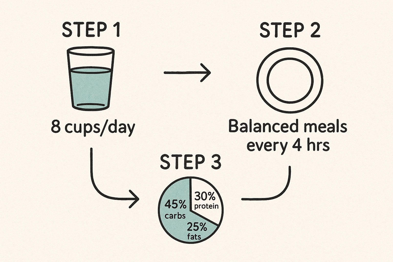 An infographic showing a three-step process for daily energy support starting with 8 cups of water, followed by balanced meals every 4 hours, and a macronutrient breakdown of 45% carbs, 30% protein, and 25% fats.