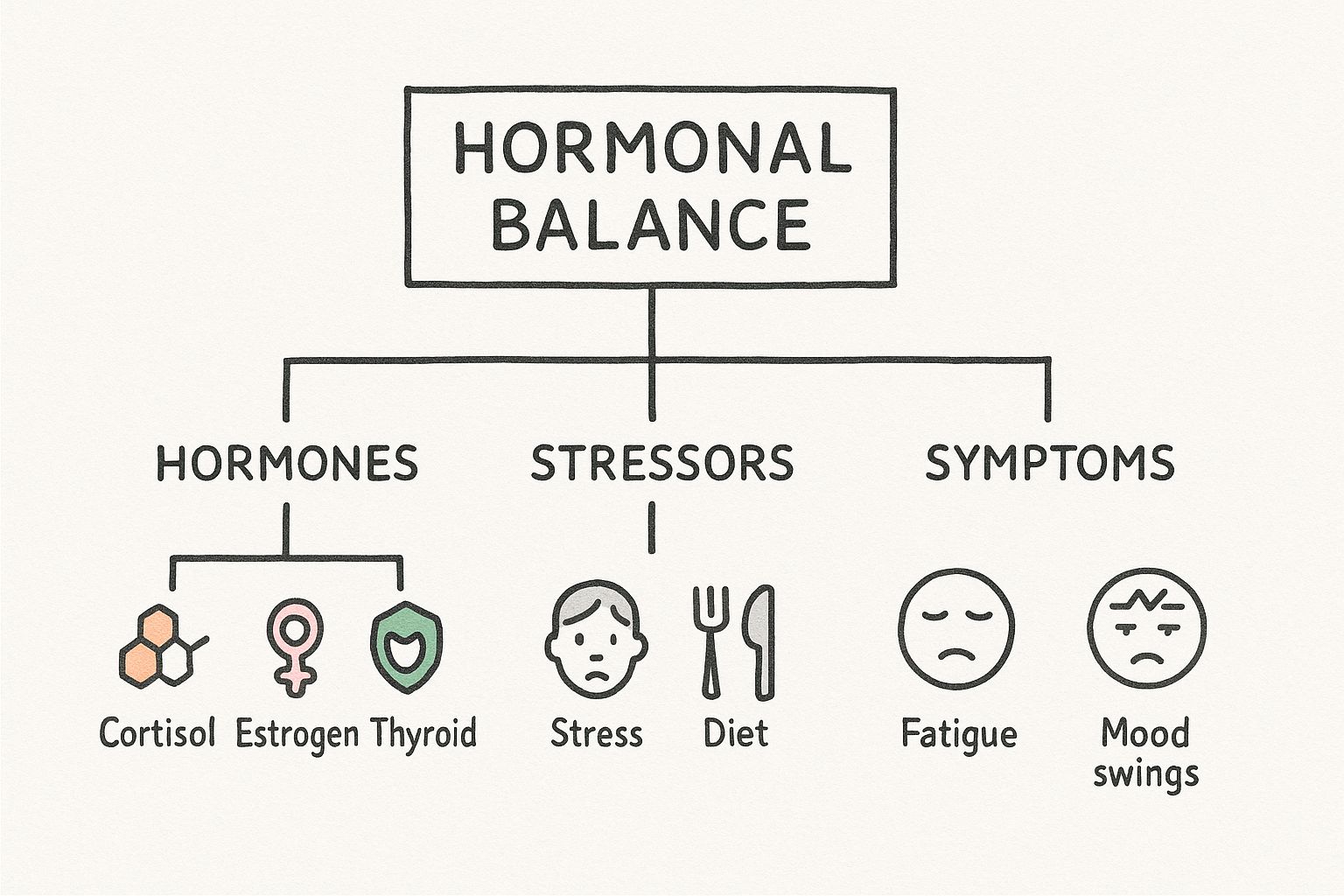 Infographic showing how hormones, stressors, and symptoms are connected in hormonal balance.