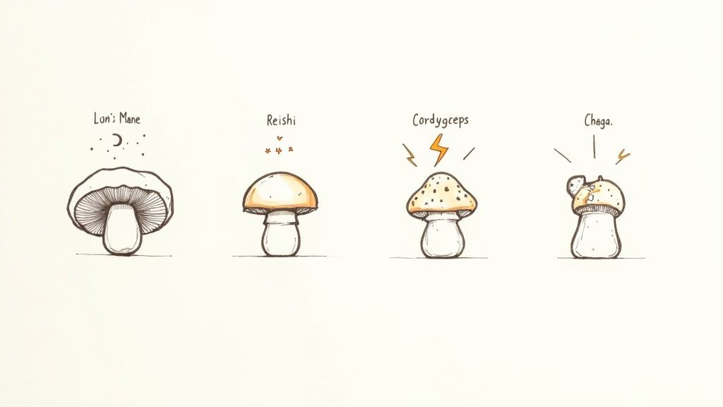 A person's hand holding a mushroom gummy, with other gummies in a bowl and a small mushroom in the background.