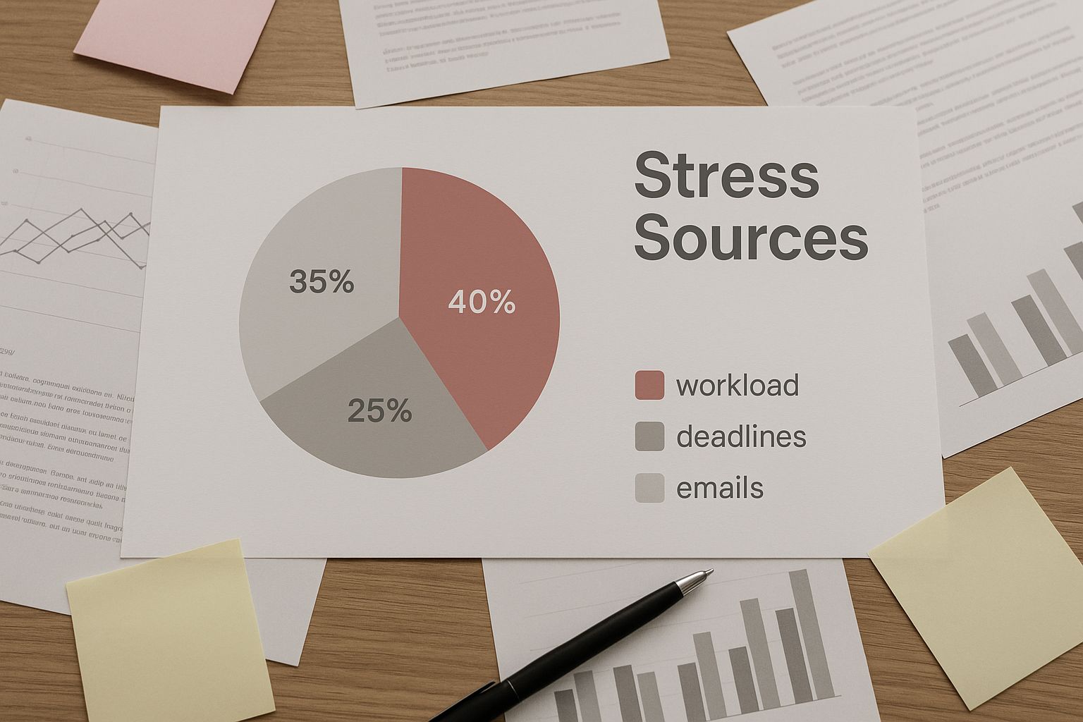 Infographic showing common workplace stress sources on a desk with scattered papers.