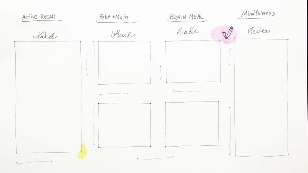 A hand-drawn memory retention framework on a whiteboard with sections for active recall, brain meal, and mindfulness.