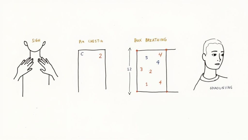 Four stress management techniques illustrated: deep breathing sigh, chest pin method, box breathing pattern, and grounding exercise