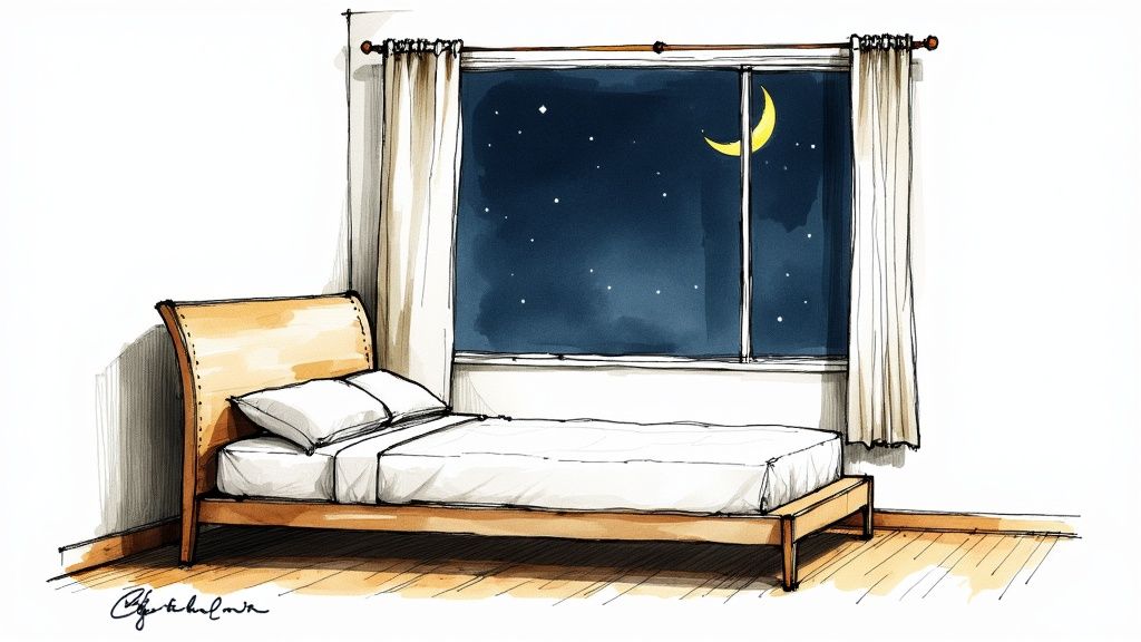 A calm and tidy bedroom setting at dusk, with a comfortable bed and soft, warm lighting.