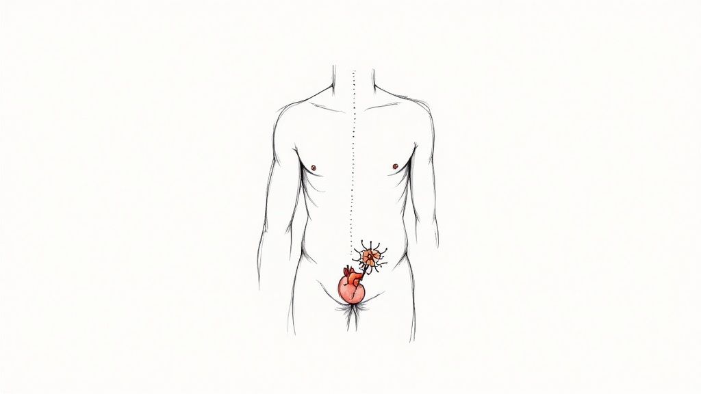 Medical diagram showing male reproductive system and hormonal glands in lower abdomen area