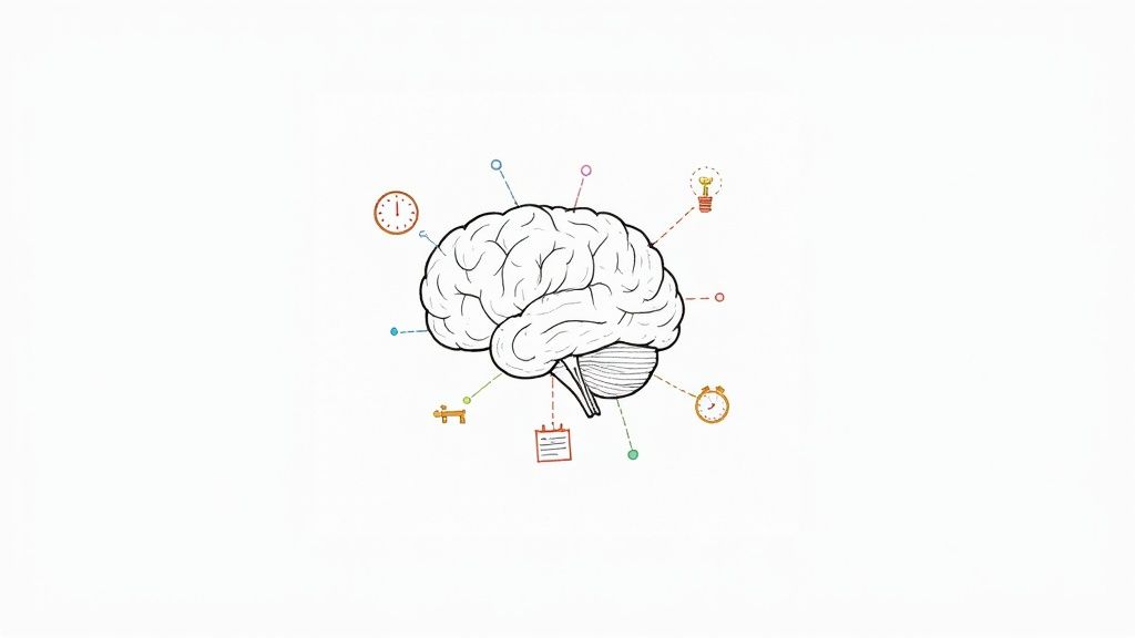 A stylized drawing of a human brain with various icons representing memory and cognitive functions.