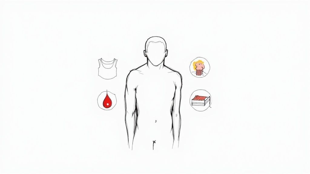 Line drawing of a man's torso surrounded by icons for clothing, blood, illness, and a bed.