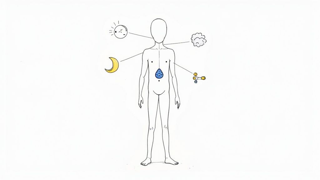 Human body diagram showing hormonal regulation factors including sleep, stress, diet, and exercise connections