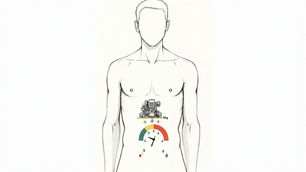 Man in his 40s looking thoughtfully at a supplement container, representing proactive health choices.