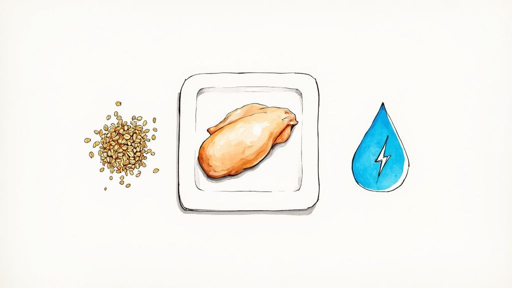 A healthy meal with grains, protein, and vegetables, representing fuel for performance