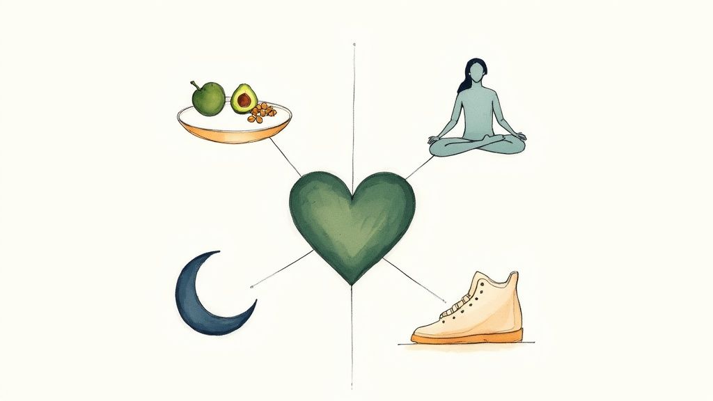 Heart-centered wellness diagram showing healthy food, meditation, sleep, and exercise for hormonal balance