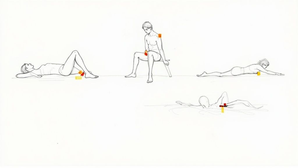 Four therapeutic exercise positions demonstrating hip and knee joint stretches for inflammation relief