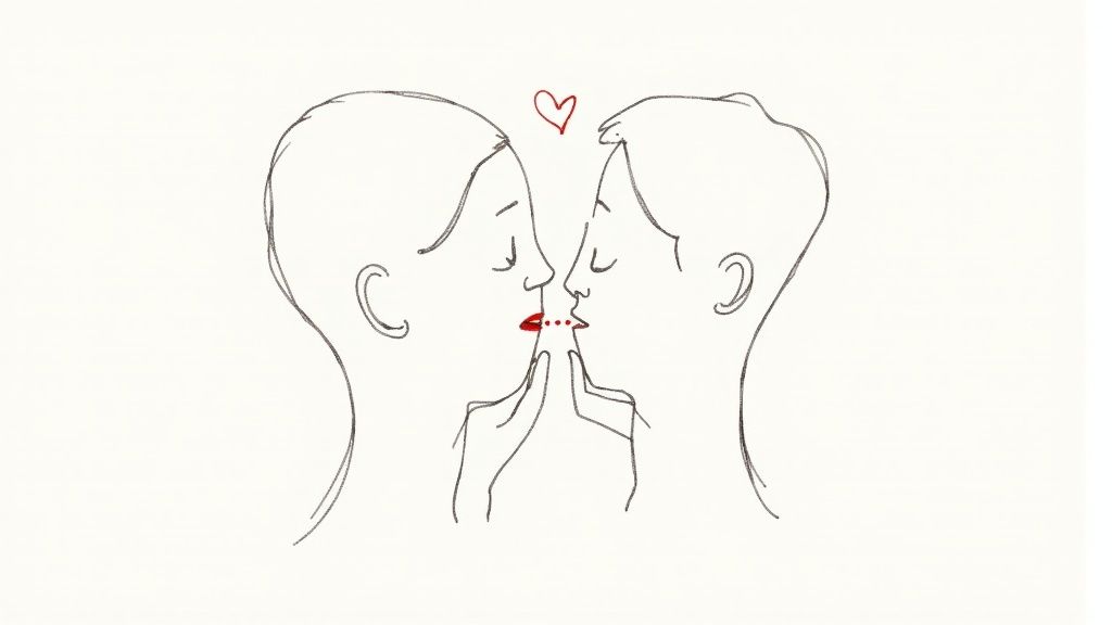 Line drawing of two individuals intimately close, almost kissing, with a small red heart overhead.