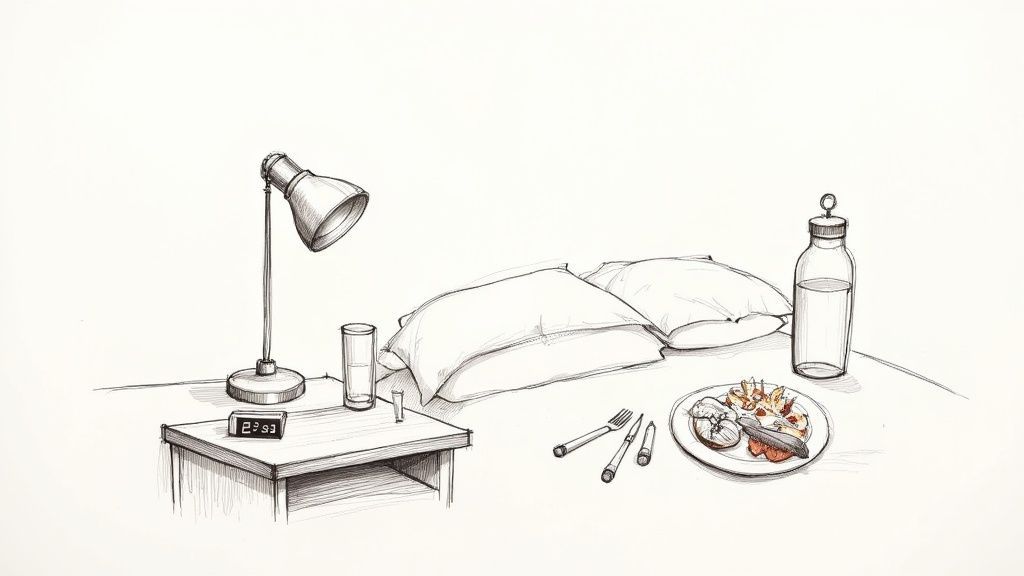 Bedroom nightstand with lamp, clock, water, and breakfast plate showing unhealthy lifestyle habits